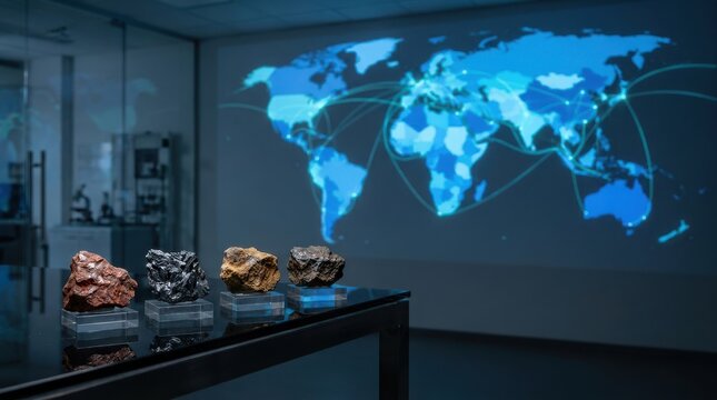 Mineral Specimens Displayed Against Global Trade Network Map