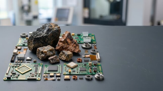 Raw Mineral Rocks with Electronic Circuit Components