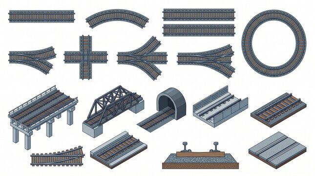 Train Tracks Vector Collection, Railway Rails, Curved Tracks, Junctions, Crossings and Railroad Infrastructure Illustration
