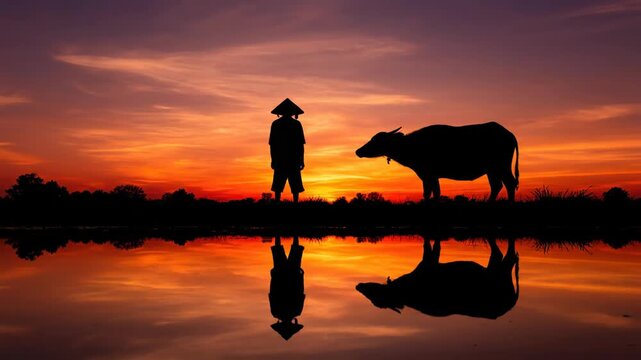 Silhouette of a farmer wearing a conical hat standing with a water buffalo by a reflective lake during a vibrant orange sunset showcasing rural life and nature with peaceful ambiance