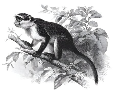 Vintage illustration of a black and white Diana monkey perched on a tree branch surrounded by leaves