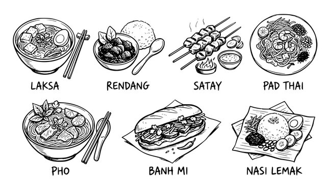 Hand drawn modern southeast asian food trend icons laksa rendang satay pad thai pho banh mi nasi lemak, black ink sketch vector illustration
