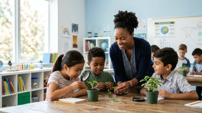 Teacher guiding students with plants in classroom.