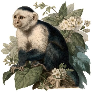 Vintage illustration of a white-faced capuchin monkey sitting among lush green foliage and white flowers