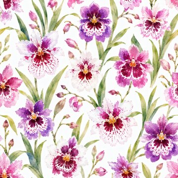 Seamless watercolor pattern with vibrant orchid flowers and green leaves