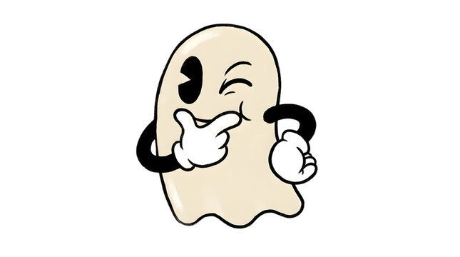 Retro cartoon winking ghost with gloved hands.