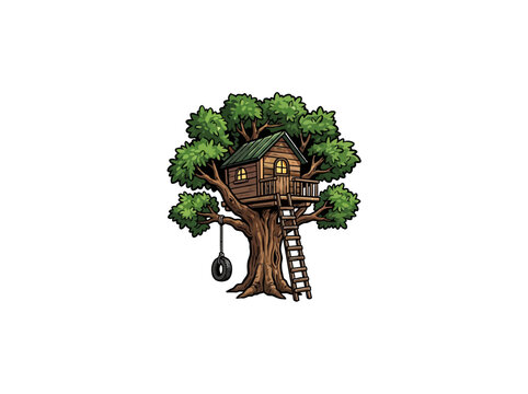 Detailed Wooden Treehouse Nestled In An Oak Tree, Equipped With A Ladder And Tire Swing, Ideal For Childhood Adventure And Playful Outdoor Activities, Vector Illustration