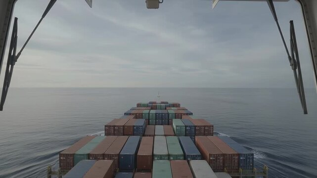 A massive cargo ship laden with colorful containers navigates through the vast, serene ocean under a cloudy sky, symbolizing global trade and logistics.