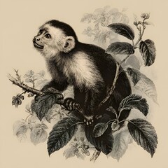 Fototapeta premium Vintage illustration of a capuchin monkey perched on a branch surrounded by leaves
