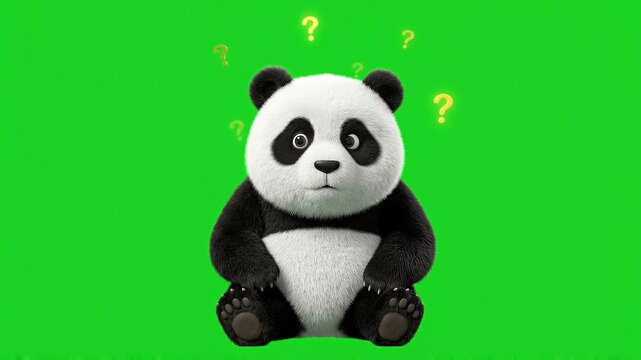 Cute 3D animated panda scratching head in confusion on green screen background.