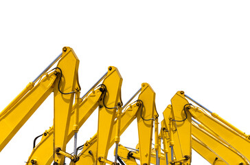 Yellow hydraulic excavator arms isolated on white background for construction and engineering industry concept. Construction machinery and civil engineering equipment. © Fahroni