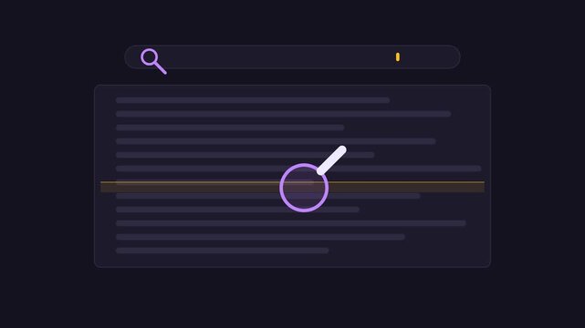 Search bar interface text scanning animation with magnifying glass for web browser data discovery and digital document audit