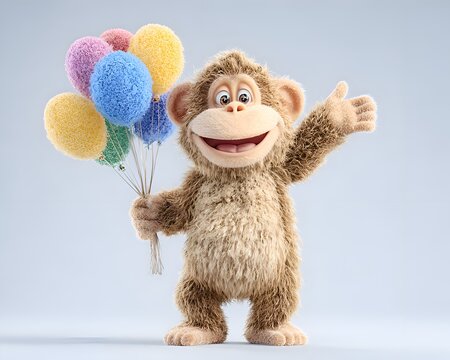 Cute cartoon monkey holding colorful balloons and giving thumbs up