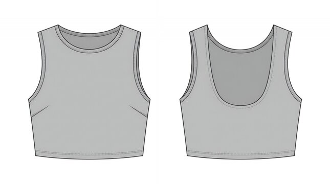Grey Sleeveless Crop Top Technical Flat Sketch for Women with Front and Back View for Activewear Apparel Design