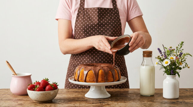 Woman pouring chocolate glaze over a homemade carrot cake on a wooden table with fresh strawberries, milk, and flowers against a light background.

