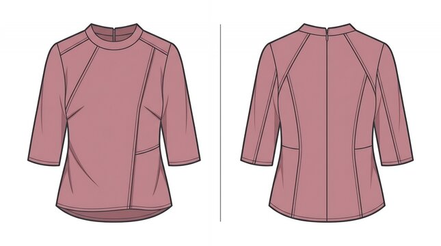 Professional Women's Dusty Pink Top Design with Asymmetrical Panel Seams and Back Zipper Technical Fashion Drawing Template