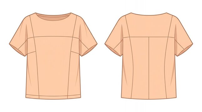 Women's Peach Short Sleeve Blouse Flat Technical Sketch, Front and Back View Garment Drawing for Apparel Design