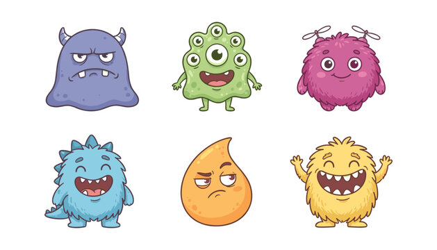Cute cartoon monster vector character set featuring colorful alien creatures with funny expressions, varied emotions, and furry bodies
