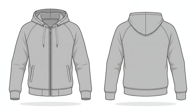 Technical illustration of a grey zip up hoodie sweatshirt mockup showing front and back views for apparel design