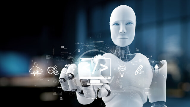 A futuristic robot presenting a display screen enhanced with digital icons, symbolizing innovations in technology, automation, and artificial intelligence applications in daily life. Synapse