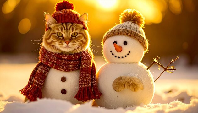 12月　雪だるま　猫