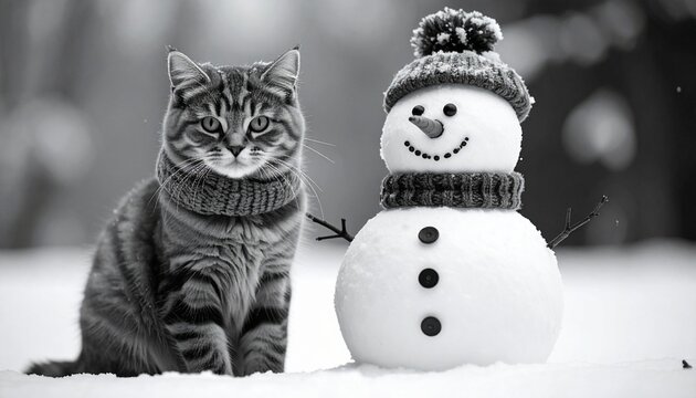 12月　雪だるま　猫