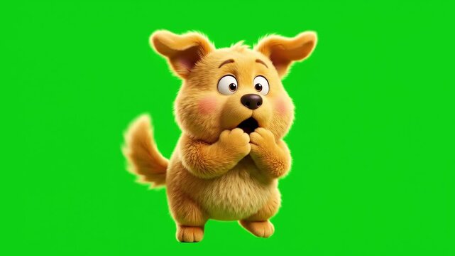 Cute 3D Animated Puppy Looking Surprised and Shocked on Green Screen Background.