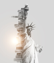 Double exposure image of the Statue of Liberty and new york skyline with cope space. Toned image © Maria