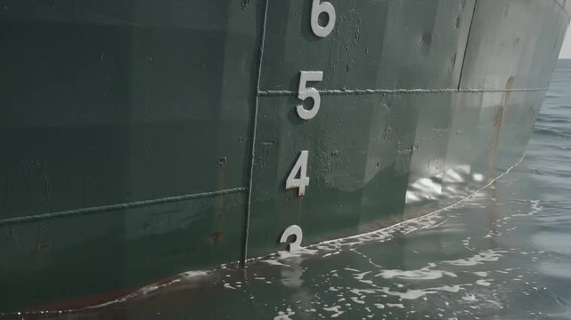 Draft of a large ship hull showing the waterline and depth markings, indicating its submersion in the sea.