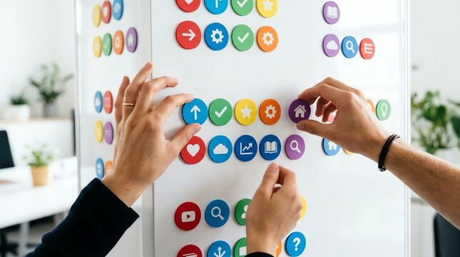 Professional Team Collaborating on UI UX Interface Wireframe Design Strategy Using Colorful Circular Application Icons on Whiteboard