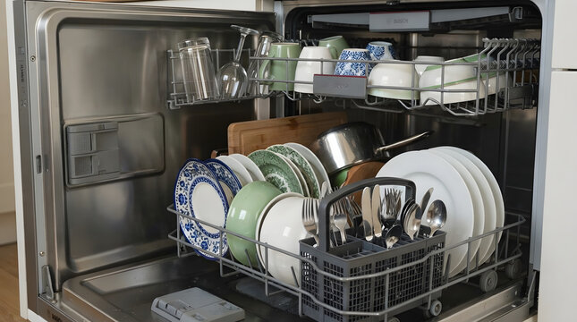 Modern dishwasher loaded with clean ceramic plates and glasses organized on metal racks for efficient home cleaning.