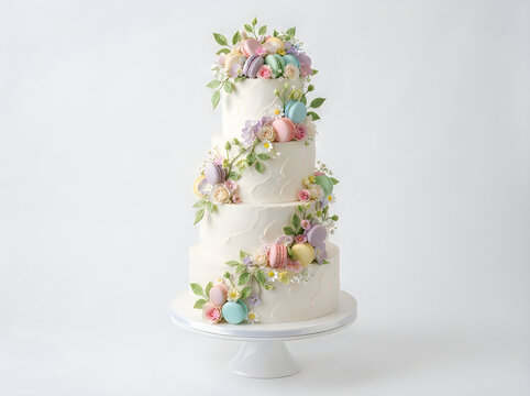 Elegant four tier wedding cake decorated with flowers and macarons.