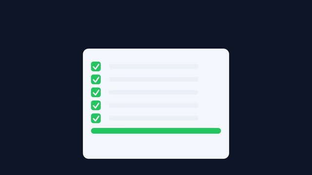 Task completion to-do list animation with green checkmarks and progress bar for project management software user interface template