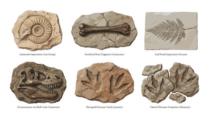 Prehistoric dinosaur fossils vector set featuring ammonite impression bone fragment leaf frond tyrannosaurus rex skull and footprints on stones © Monzurul