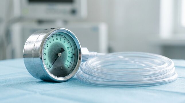 Sterile Supply Oxygen Flow Meter Dial Glowing Faintly beside a Coiled Tube - Hospital Sterile Supply Chain Healthcare Stock Photo