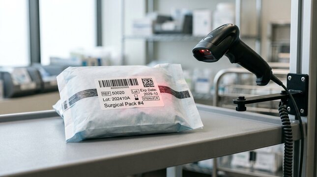 Freshly Labeled Sterile Pack Resting beside a Barcode Scanner Mounted on a Shelf - Hospital Sterile Supply Chain Healthcare Stock Photo