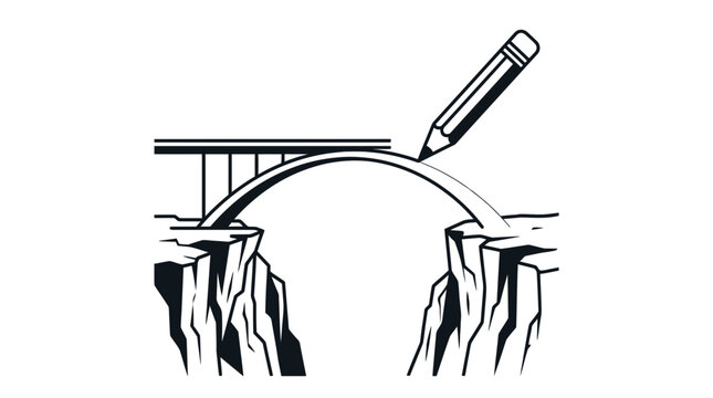 A pencil drawing a bridge connecting two cliffs.
