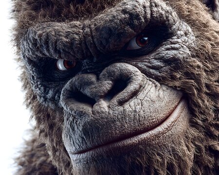Close up portrait of a hyperrealistic, detailed CGI gorilla face with intense brown eyes and a slight smile