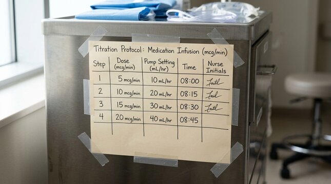 Titration Chart Taped beside a Sterile Supply Cart Showing Incremental Dosage Steps - Hospital Sterile Supply Chain Healthcare Stock Photo