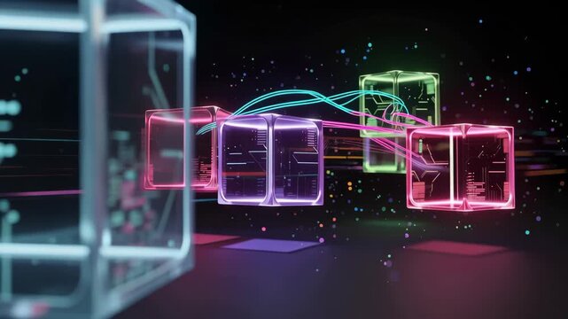 Floating digital cubes with vibrant circuit patterns futuristic technology background animation
