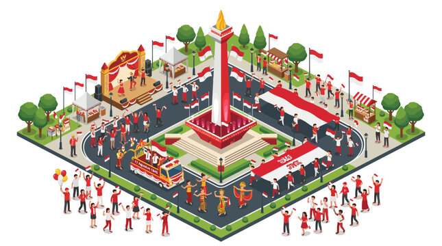 Isometric Jakarta Monas square Independence Day celebration