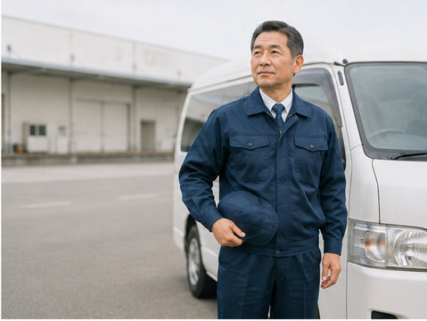 運転手,ドライバー,運転,自動車,車,タクシー運転手,バス運転手,トラック運転手,配送ドライバー,送迎ドライバー,職業ドライバー,物流,運送,配送,タクシー,バス,トラック,営業車,社用車,ハンドル,運転席,車内,道路,高速道路,交通,安全運転,交通安全,点検,車両点検,出発,到着,仕事,職業,会社員,日本人男性,日本人女性,制服,笑顔,真剣,働く人,物流業界,運送会社,タクシー会社,人手不足,求
