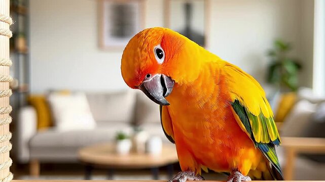 Vibrant Sun Conure parrot with brilliant orange and yellow plumage captured in a curious close-up portrait within a modern home environment