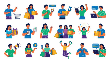 Fototapeta premium E-commerce and Online Shopping Flat Vector Illustration Collection with Happy People, Delivery, and Customer Reviews