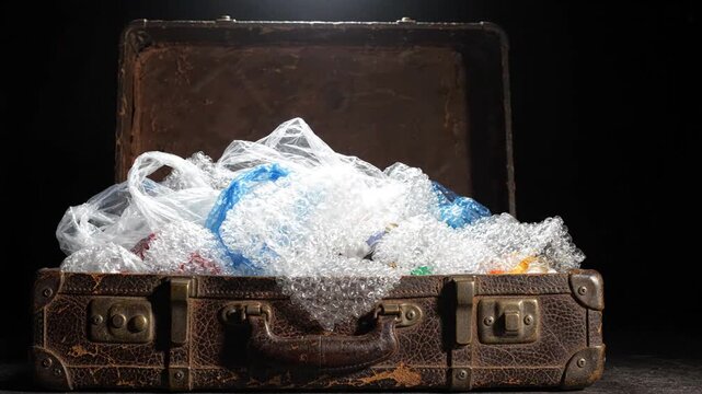 Old vintage suitcase overflowing with plastic waste and bubble wrap against a dark background.