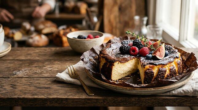 Gourmet Burnt Basque Cheesecake with Fresh Berries and Fig on Rustic Table