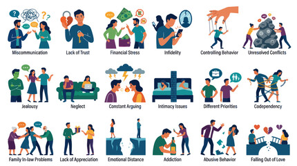 Fototapeta premium Relationship Problems Flat Icons: Conflict, Stress, Infidelity, Neglect, Jealousy