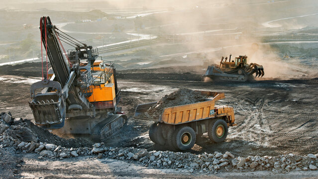 Open Pit Coal Mining Photo Industrial Excavation Machinery Worker
