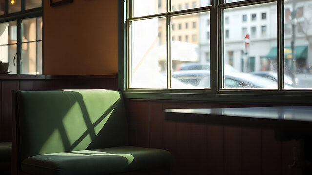 Vintage cafe interior with green velvet bench and warm sunlight.