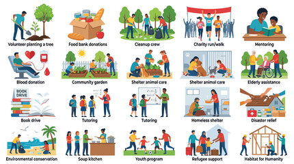 Fototapeta premium Flat Design Charity, Volunteering, Community Support Humanitarian Aid Activities Vector Illustrations
